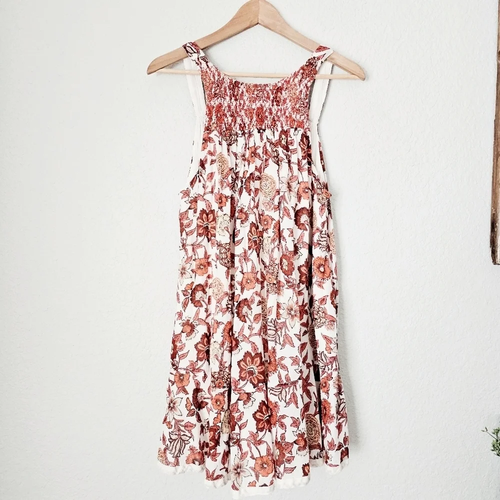 Free People Oh Baby Floral Mini Dress Swing Fully Lined White Cotton Smocked XS